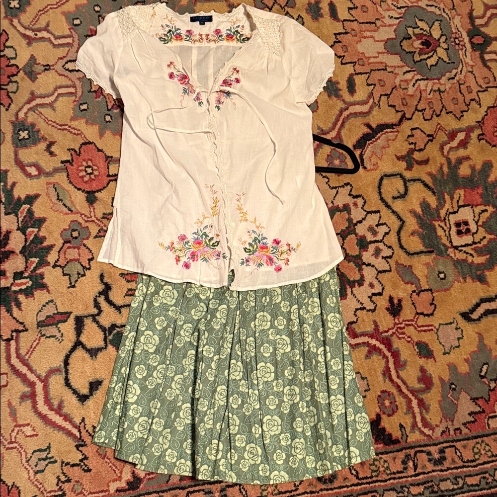 Embroidered cotton Blouse with floral green cotton Skirt stretches to 32”